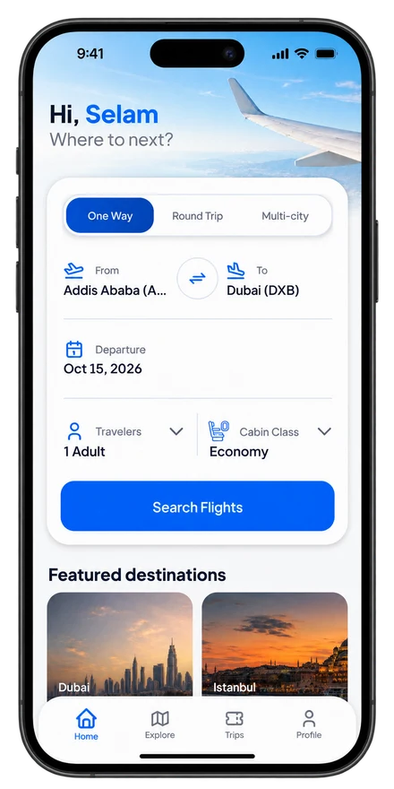 Nexus home in an iPhone mockup, showing flight search and a greeting for Selam.