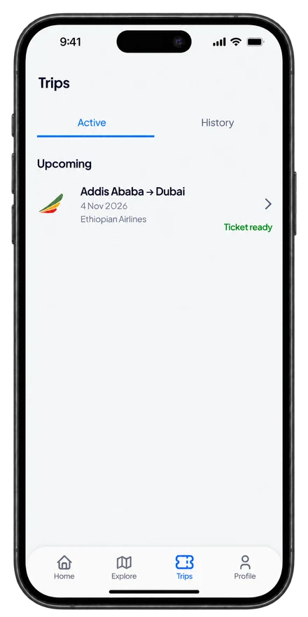 Nexus Trips iPhone mockup showing one upcoming Addis Ababa to Dubai flight with a green Ticket ready status.