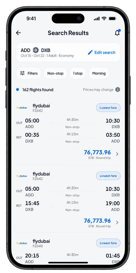 Nexus results in an iPhone mockup with flight options, times, stops and fares.