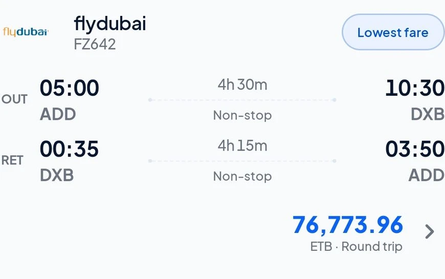 An example flight option with outbound and return times, non-stop flights, and a fare in Ethiopian birr.